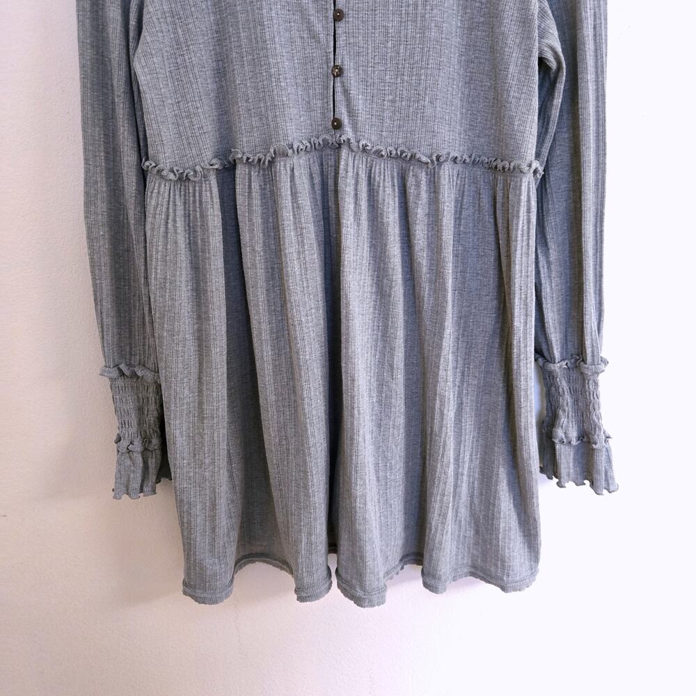 Free People FP Beach Ribbed Babydoll Mini Dress Grey Size M Long Sleeve - Picture 5 of 9